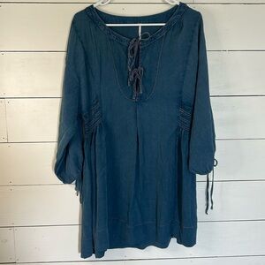 Free People Blue Gypsy Bohemian Peasant Tie Front Blouse Dress Medium